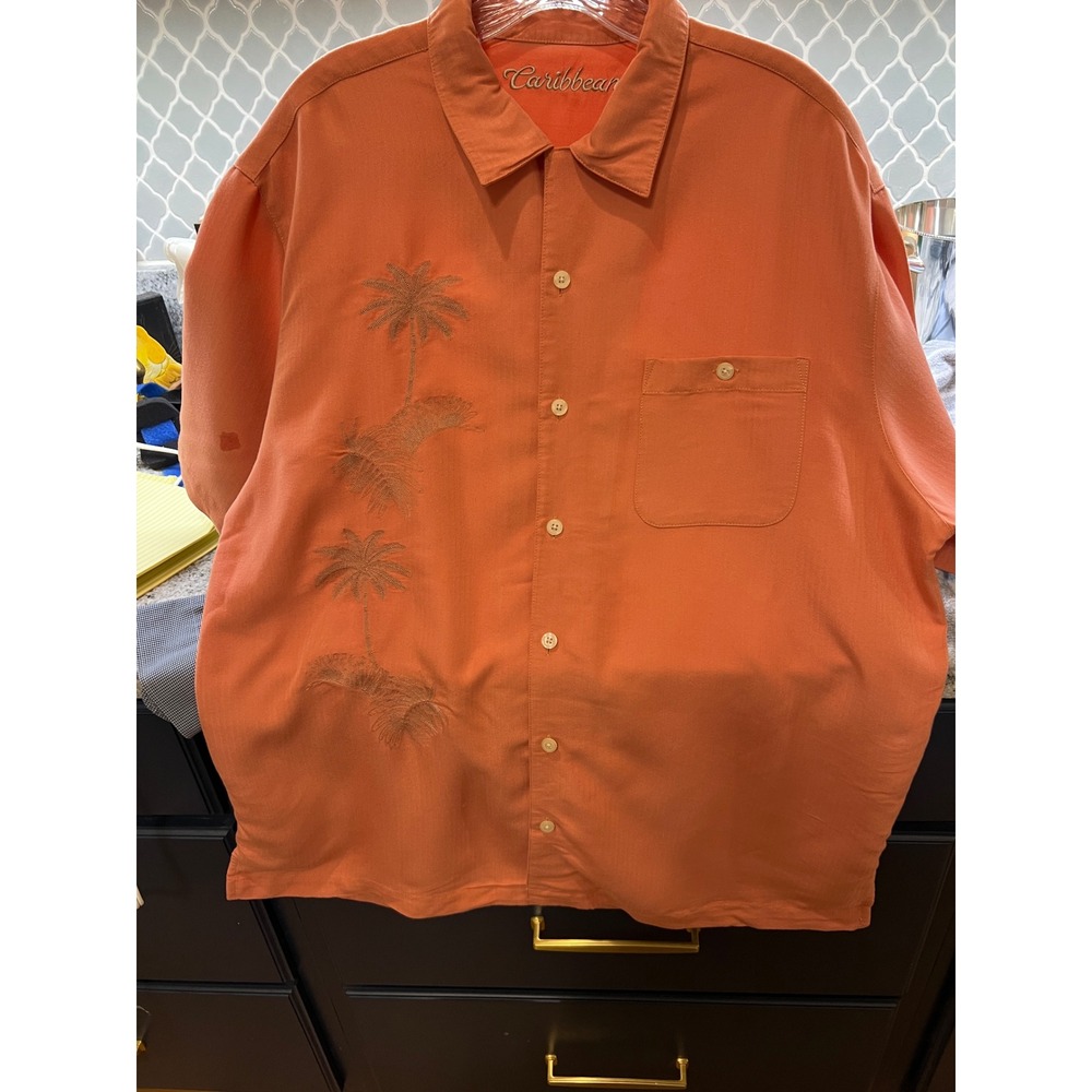 Caribbean Mens Large Coral Orange Herringbone Palm Tree Embroidered Camp Shirt